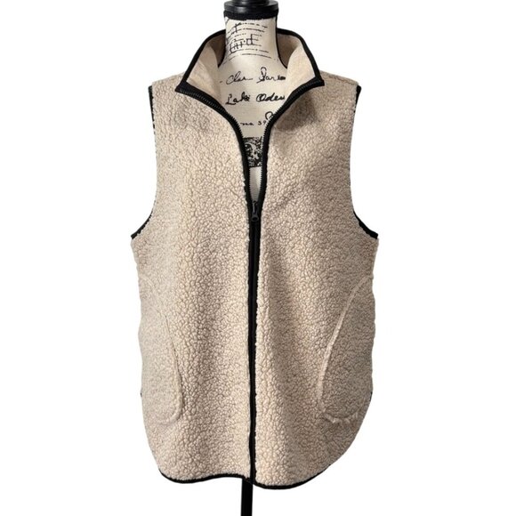 Habitat Beige Sherpa Fleece Reversible Allie Vest Zip-Up Pockets Women Size L - Picture 1 of 8